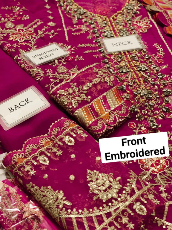 Maria B : Luxury Chiffon Pinkish Red Dress Embroidered 3 Piece Unstitched