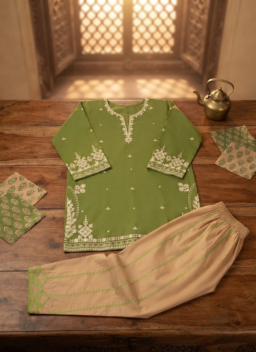 Embroidered Short Kurti with Farshi Shalwar