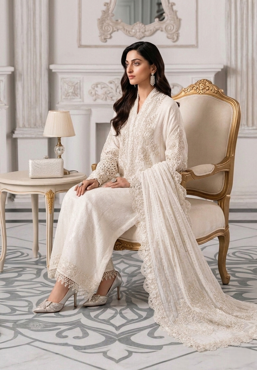 Maria B : Cream Chiffon Formal Collection Replica