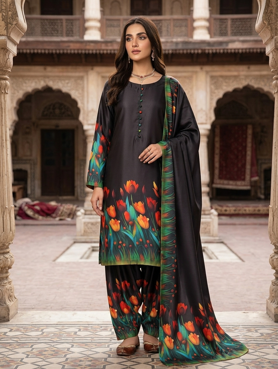 3 Piece Elegant Black Silk Floral Printed Suit with Farshi Shalwar