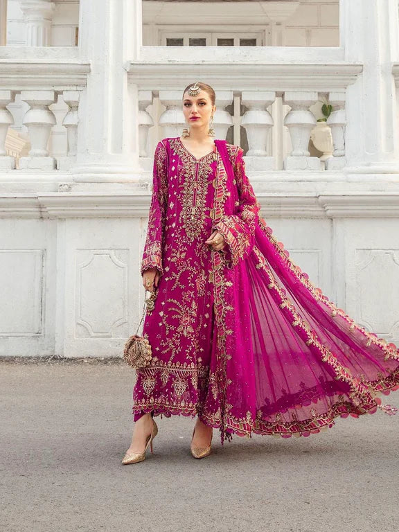 Maria B : Luxury Chiffon Pinkish Red Dress Embroidered 3 Piece Unstitched