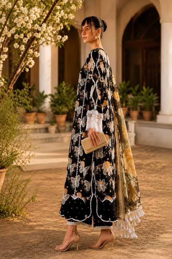 Maria B : Luxury Embroidered Lawn 3Pc Unstitched Suit-Butter Fly Black