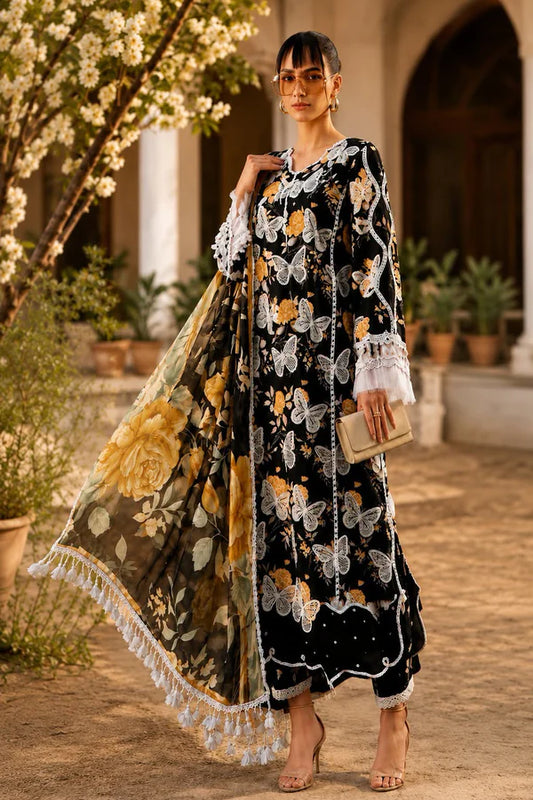 Maria B : Luxury Embroidered Lawn 3Pc Unstitched Suit-Butter Fly Black