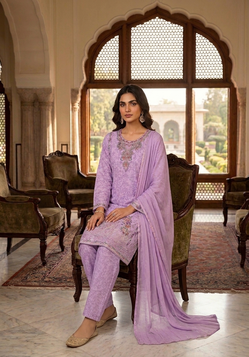 3-piece Embroidered Lilac/lavender Lawn Suit