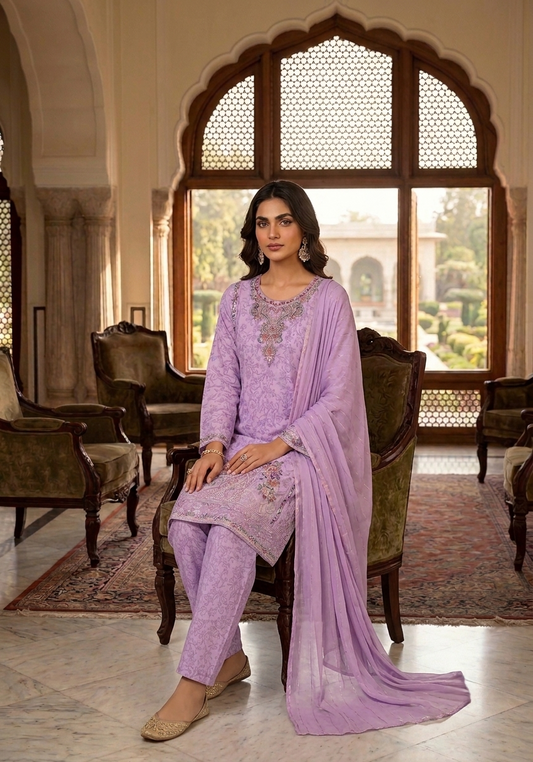 3-piece Embroidered Lilac/lavender Lawn Suit