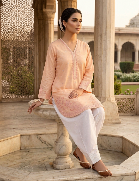 Embroidered Short Kurti with Farshi Shalwar