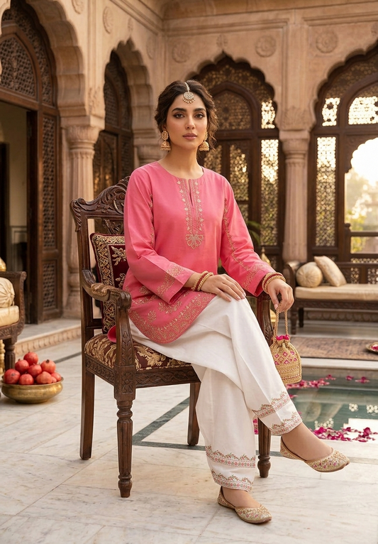 Embroidered Short Kurti with Farshi Shalwar