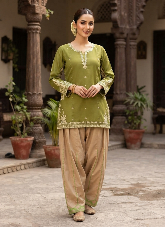 Embroidered Short Kurti with Farshi Shalwar