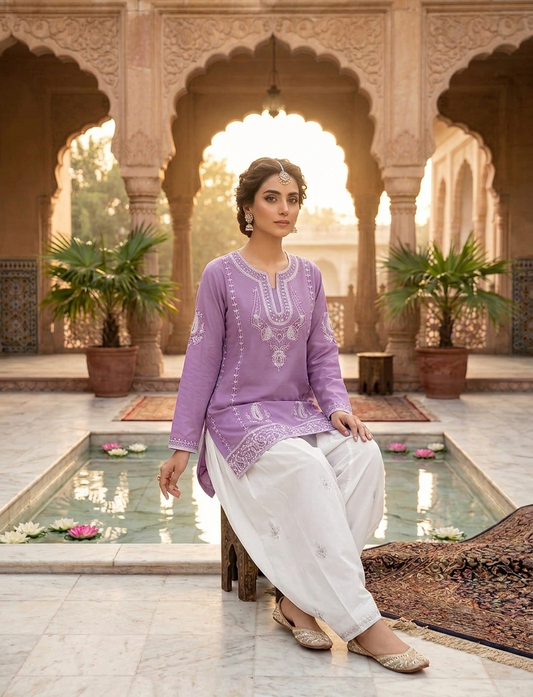 Embroidered Short Kurti with Farshi Shalwar