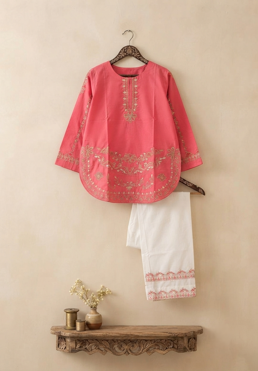 Embroidered Short Kurti with Farshi Shalwar