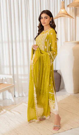 Azure : Luxury Embroidered Chiffon 3Pc Unstitched Suit-Amber Glow