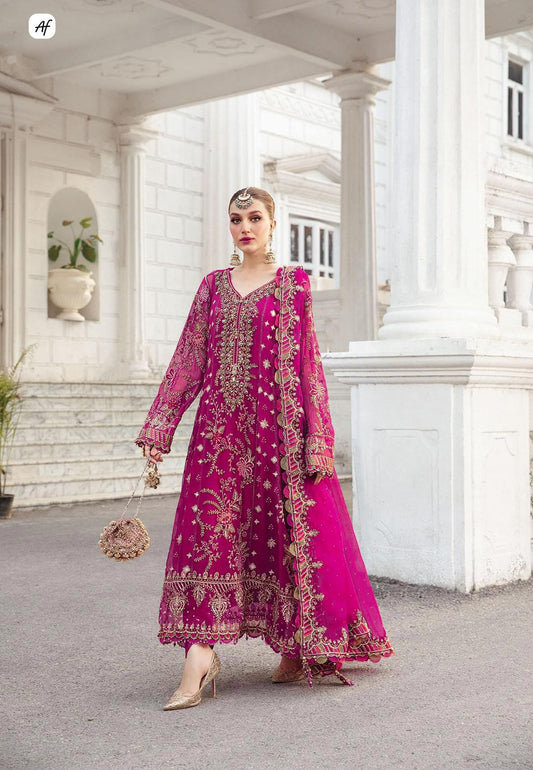 Maria B : Luxury Chiffon Pinkish Red Dress Embroidered 3 Piece Unstitched