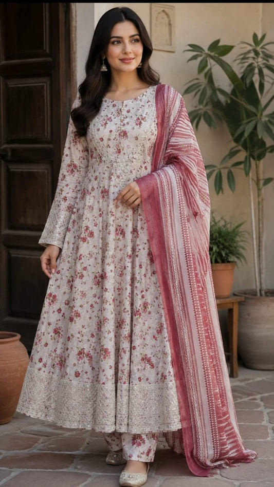 3-Piece floral Printed Anarkali Suit Set