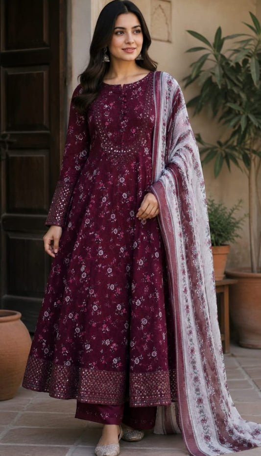 3-Piece floral Printed Anarkali Suit Set