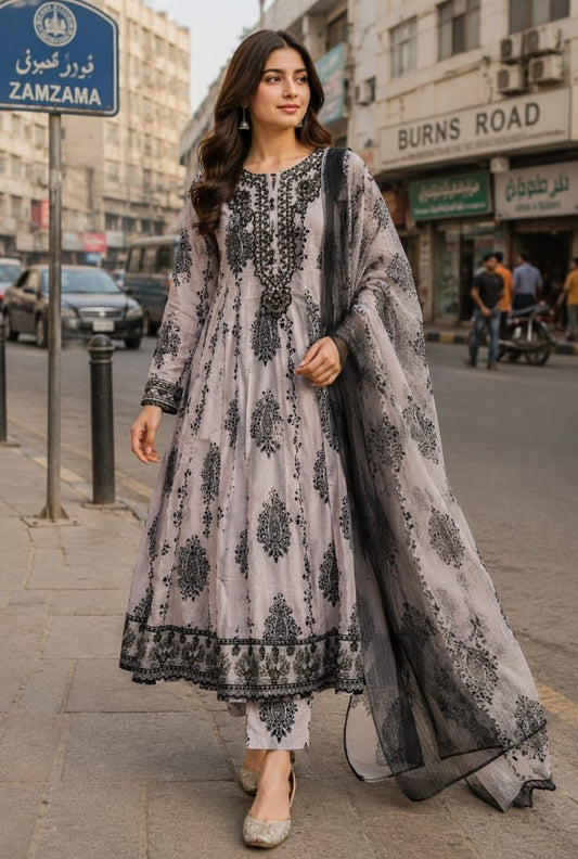 3-Piece floral Printed Anarkali Suit Set