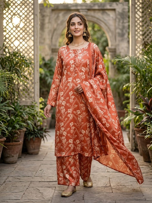Elegant Rust Floral 3-Piece Silk Ensemble
