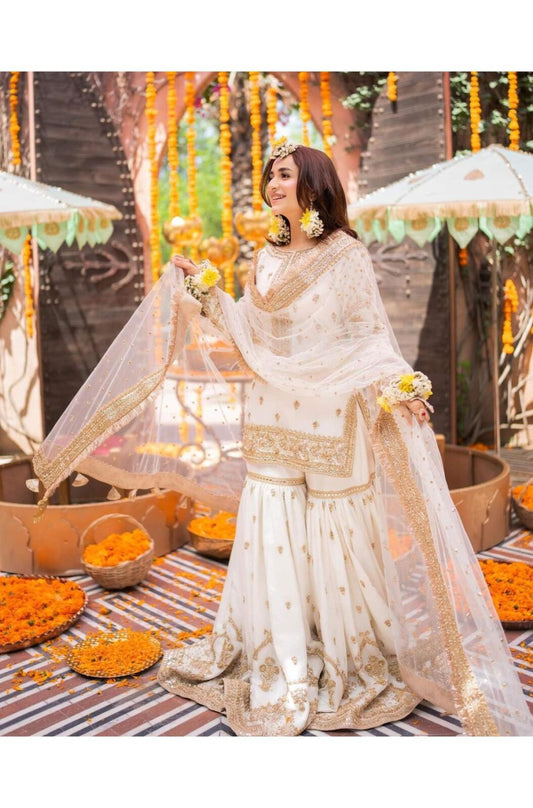 Maha Wajahat : White Gharara Bridal Collection Chiffon Replica