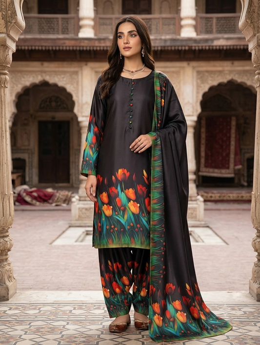 3 Piece Elegant Black Silk Floral Printed Suit with Farshi Shalwar