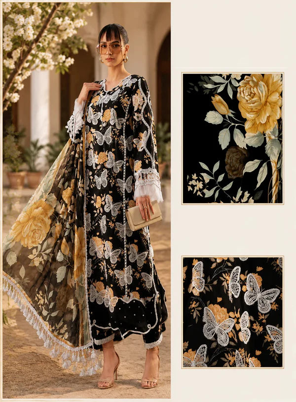 Maria B : Luxury Embroidered Lawn 3Pc Unstitched Suit-Butter Fly Black